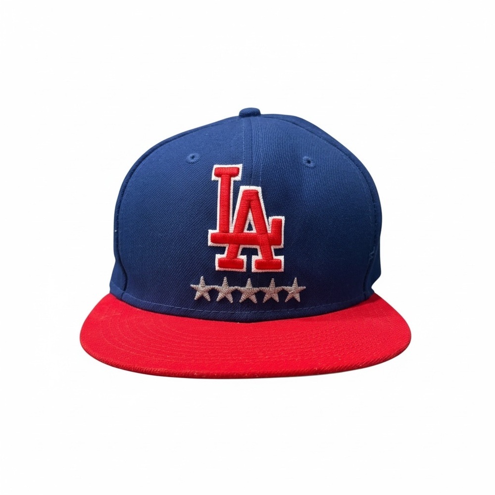 New Era LA Dodgers 59FIFTY Fitted Hat 7 3/4 Red White Blue GUC